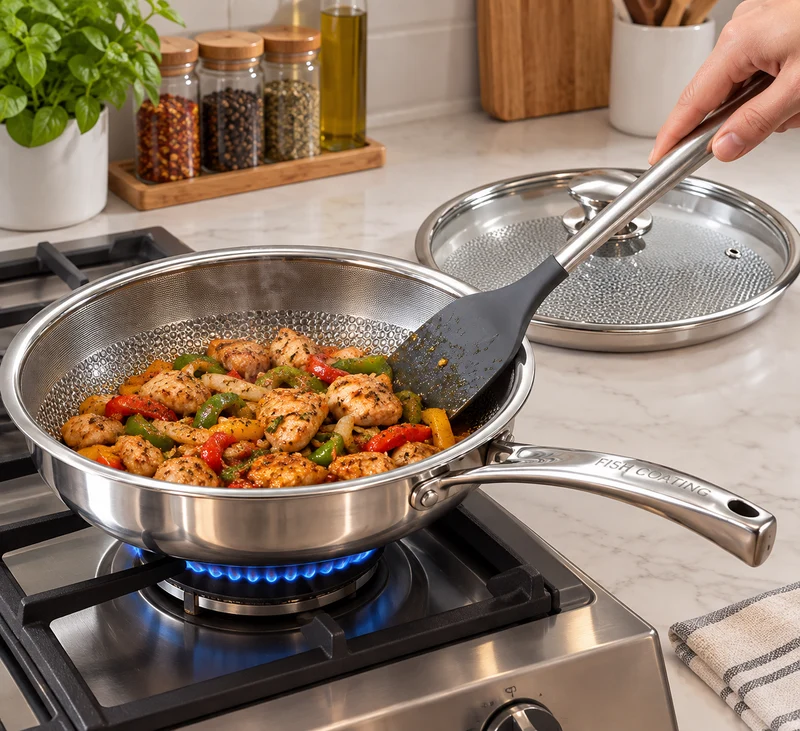 28cm Fish Coating Stainless Steel Fry Pan with Glass Lid
